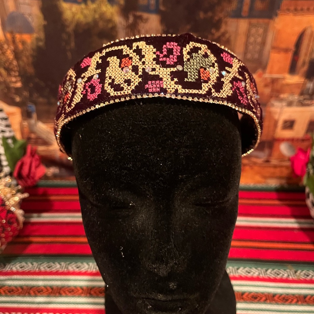 Embroidered Headband with Gold and Pink Accents